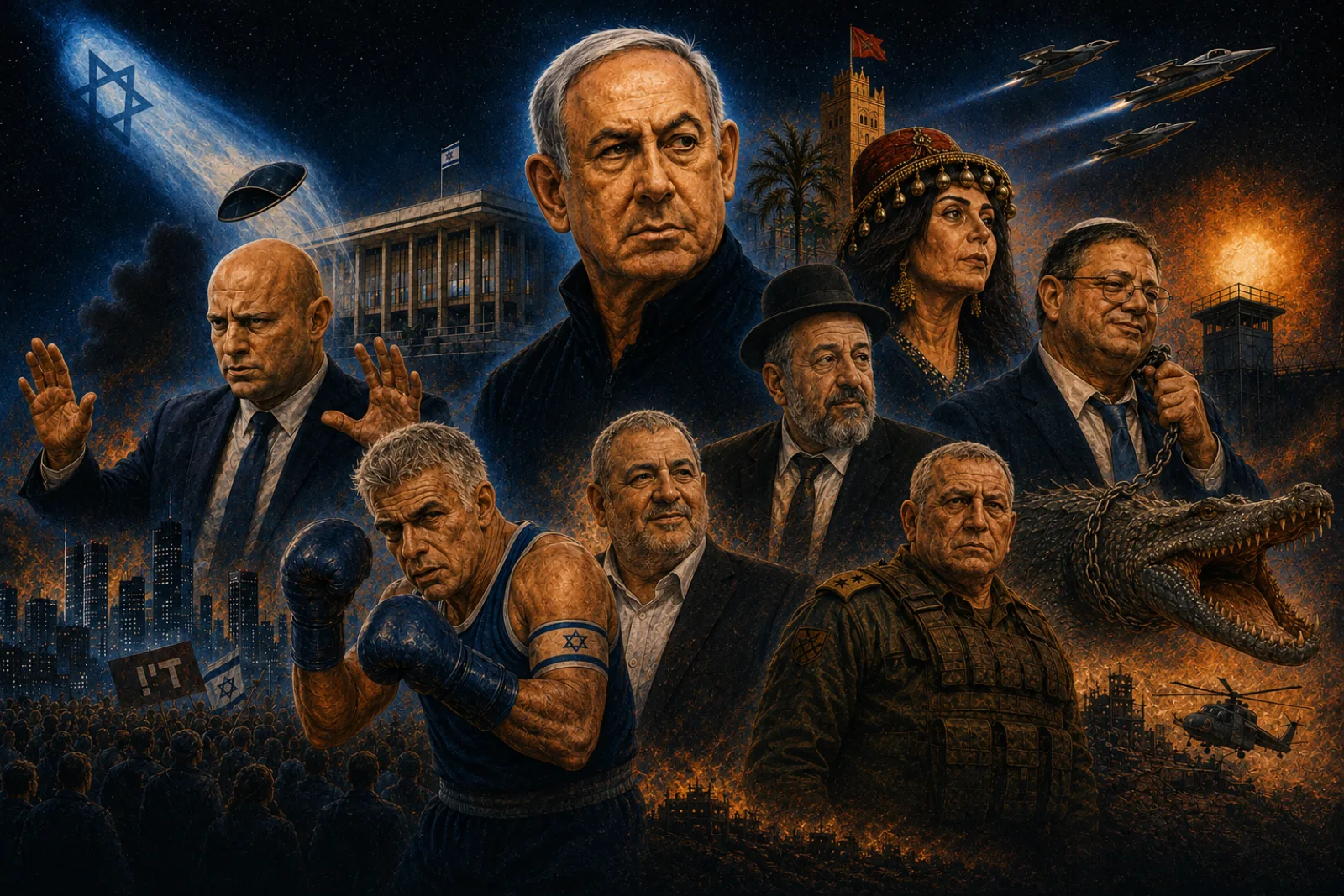 איור בסגנון כרזת קולנוע: דמויות מהפוליטיקה הישראלית מצוירות זו לצד זו על רקע בניין הכנסת בלילה — בחליפות, במדים, בגופיית אגרוף, במגבעת ובחליפה שחורה, בכיסוי ראש רקום — מטוסי קרב מעליהן, תנין כבול, קו רקיע בוער והמון עם דגלים למטה. המחשה מצוירת, לא תיעוד של אירועים.